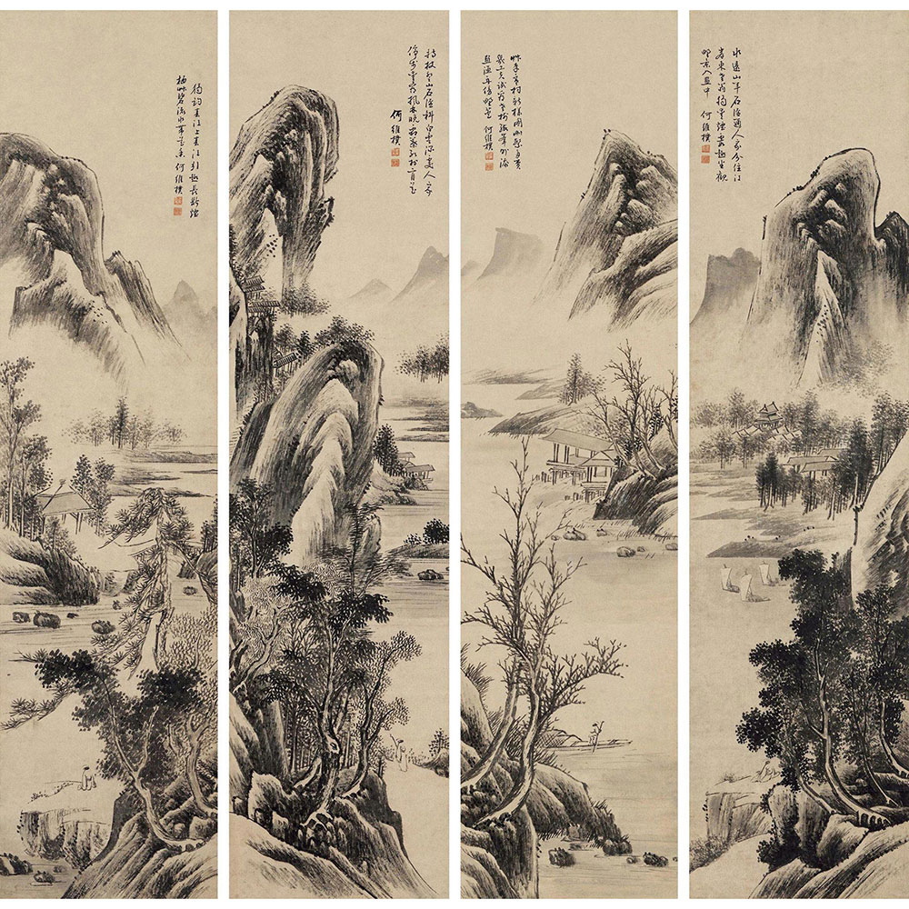 何维朴 山水 镜心 四屏